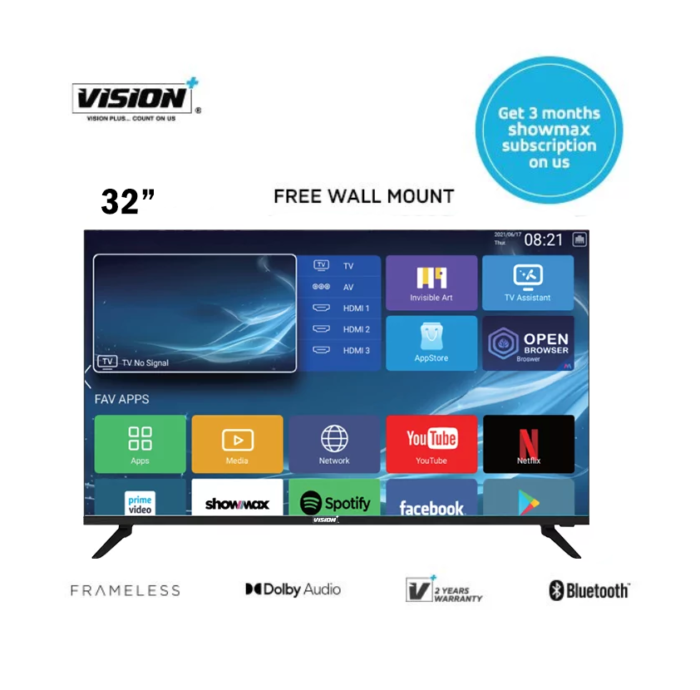 Vision Plus 32 Inch Smart Android TV VP8832SF Frameless with Bluetooth + Free Wall Mount