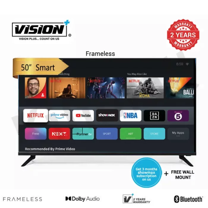 Vision Plus 50 Inch Smart TV Vidaa VP8850KV Frameless 4K UHD with Bluetooth + Free Wall Mount