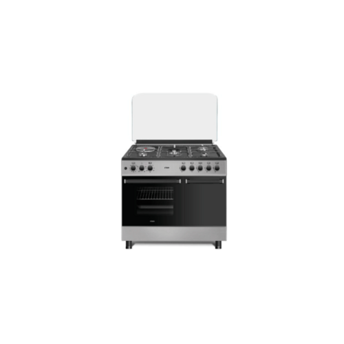 MIKA STANDING COOKER MST9041WEG4SB 90 CM X 60 CM, 4 Gas Pool Jet Burners (1 Wok) Hot Plate, GAS CYLINDER CABINET, Mirror Black Hob, Silver Body