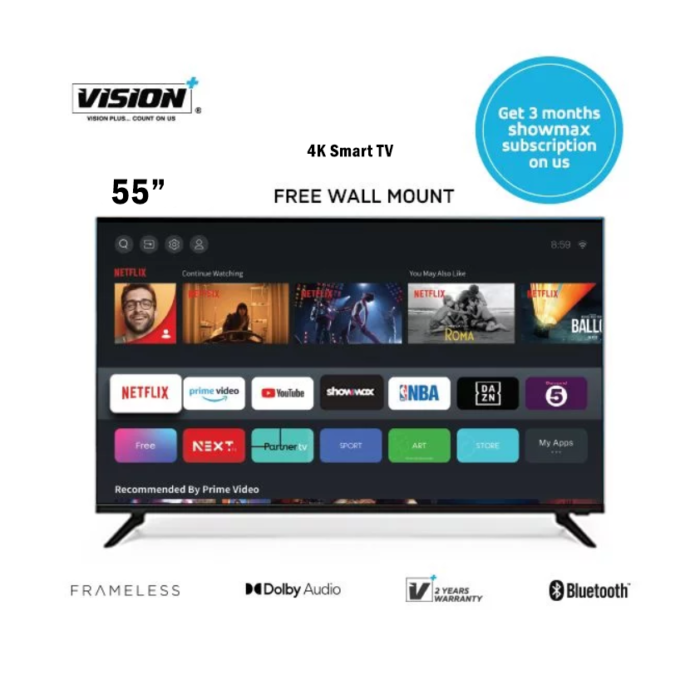 Vision Plus VP8855KV 55″ inch Smart TV V+ OS 4K Frameless Bluetooth + FREE Wall Mount