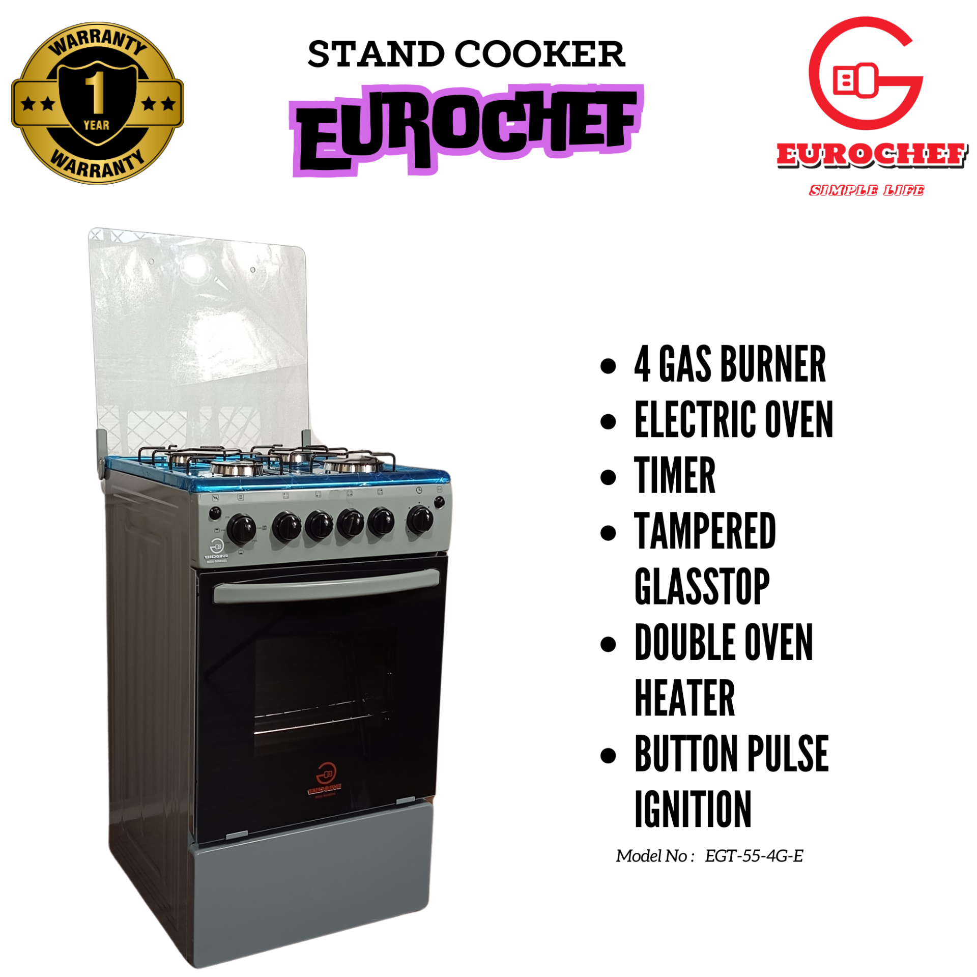 EUROCHEF 4 Gas Burner Free Standing Gas Cooker with Eletric Oven(EG55-4G+E)