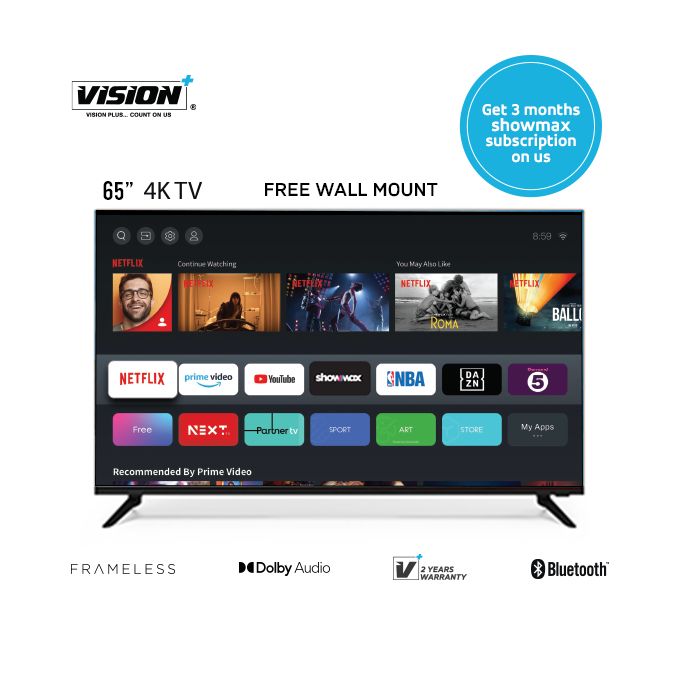 Vision Plus VP8865KE 65 inch Smart TV 4K Ultra HD VIDAA Smart TV Frameless with Bluetooth